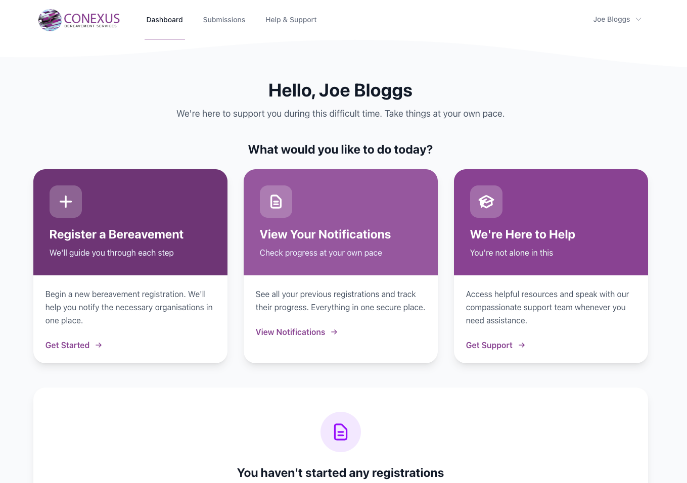 Conexus Bereavement Services dashboard built by Two Clouds