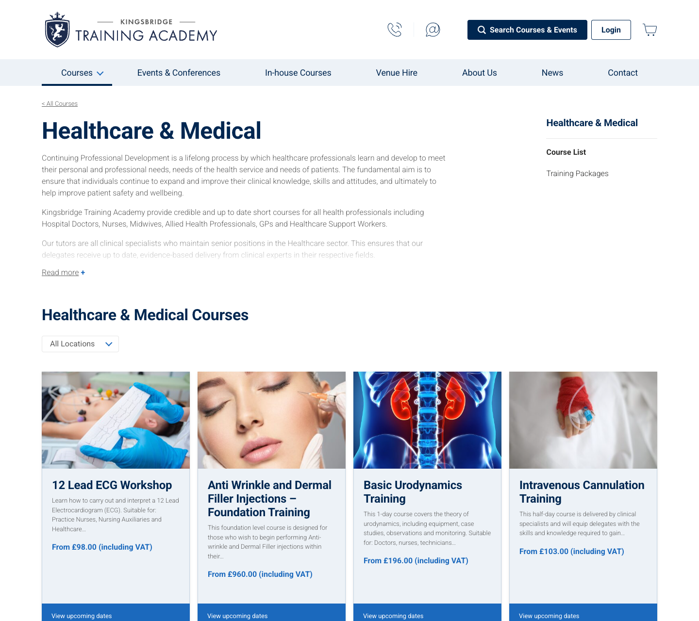 Kingsbridge Training Academy healthcare and medical course list