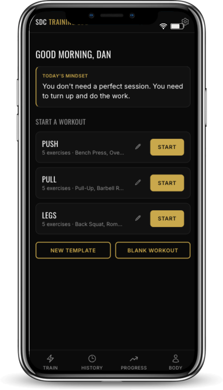 SDC Training Log home screen with Push, Pull and Legs workout templates
