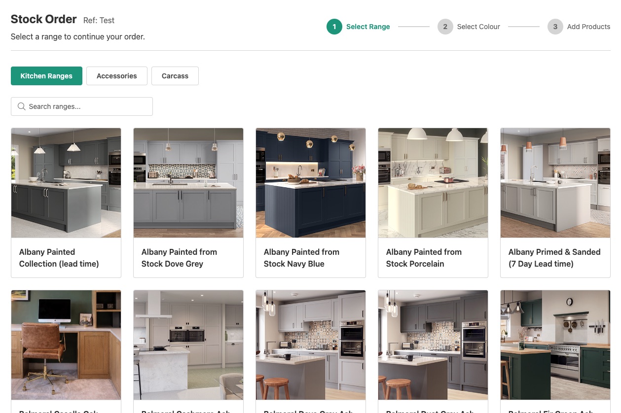 Selecting a kitchen range in the Trade Mouldings ordering system
