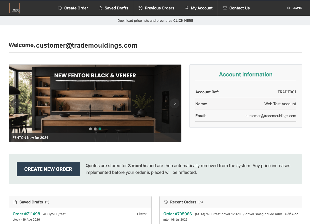 Trade Mouldings trade account dashboard showing saved drafts and recent orders