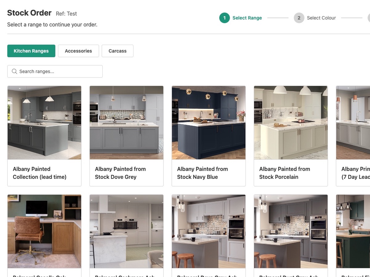 Trade Mouldings ordering system - kitchen range selection
